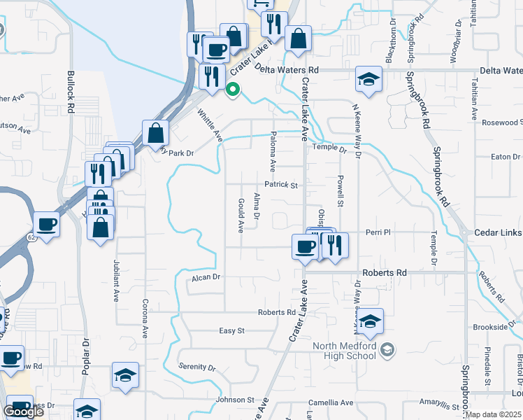 map of restaurants, bars, coffee shops, grocery stores, and more near 2509 Alma Drive in Medford