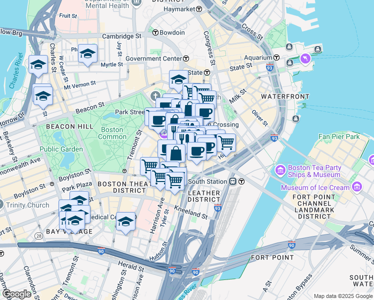 map of restaurants, bars, coffee shops, grocery stores, and more near in Boston