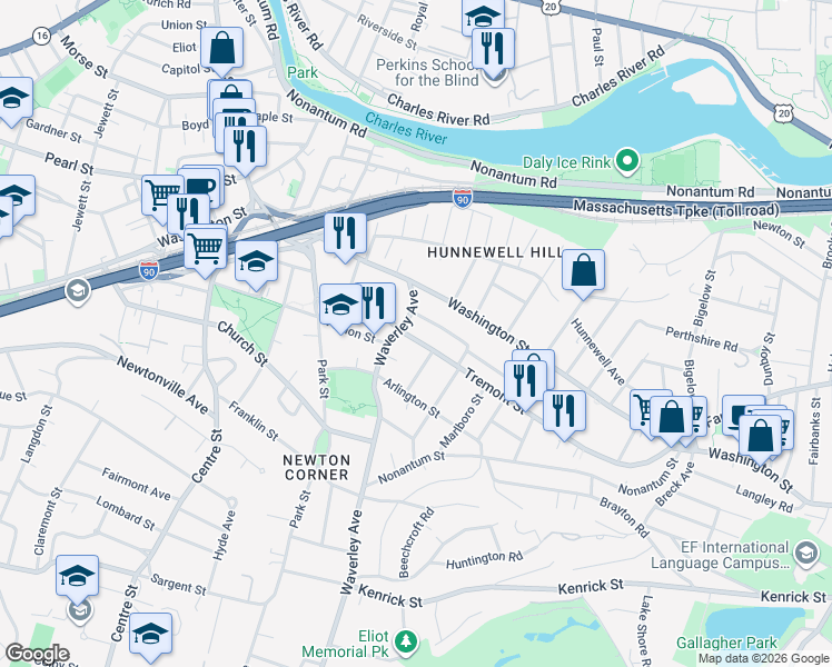 map of restaurants, bars, coffee shops, grocery stores, and more near 251 Tremont Street in Newton