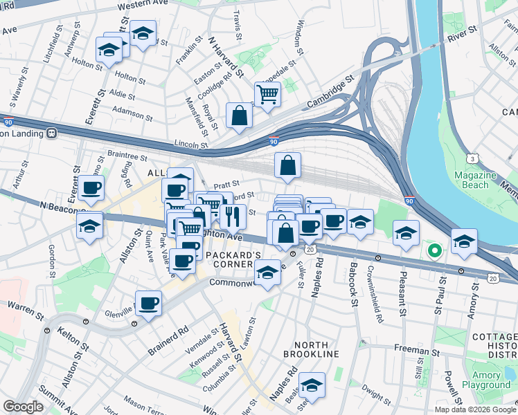 map of restaurants, bars, coffee shops, grocery stores, and more near 72 Gardner Street in Boston