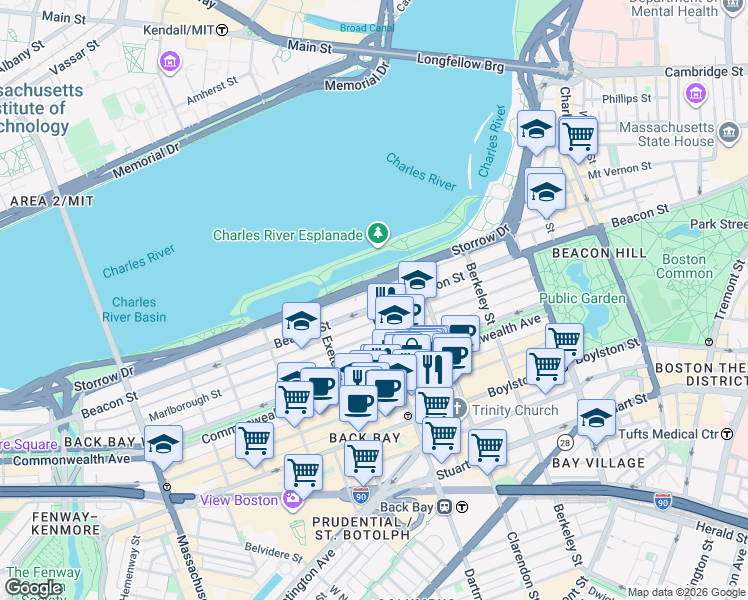 map of restaurants, bars, coffee shops, grocery stores, and more near 234 Beacon Street in Boston