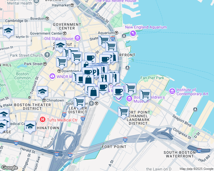 map of restaurants, bars, coffee shops, grocery stores, and more near 540 Atlantic Avenue in Boston