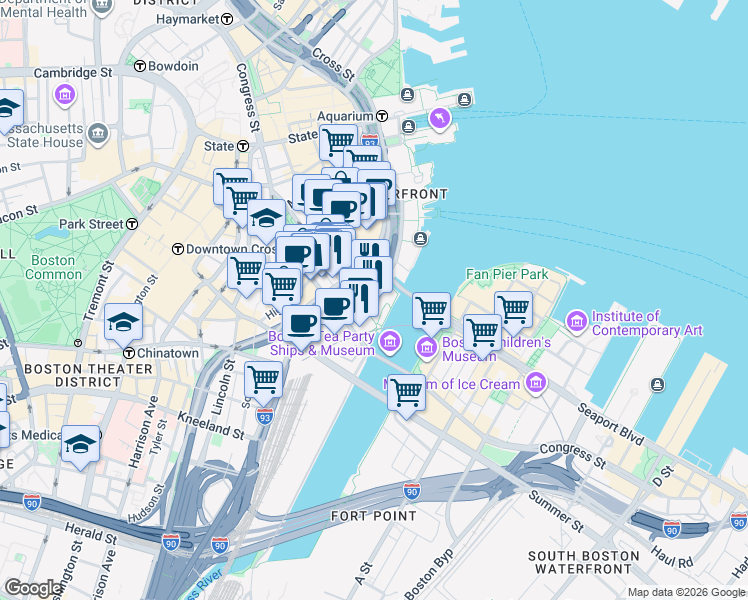 map of restaurants, bars, coffee shops, grocery stores, and more near 500 Atlantic Avenue in Boston