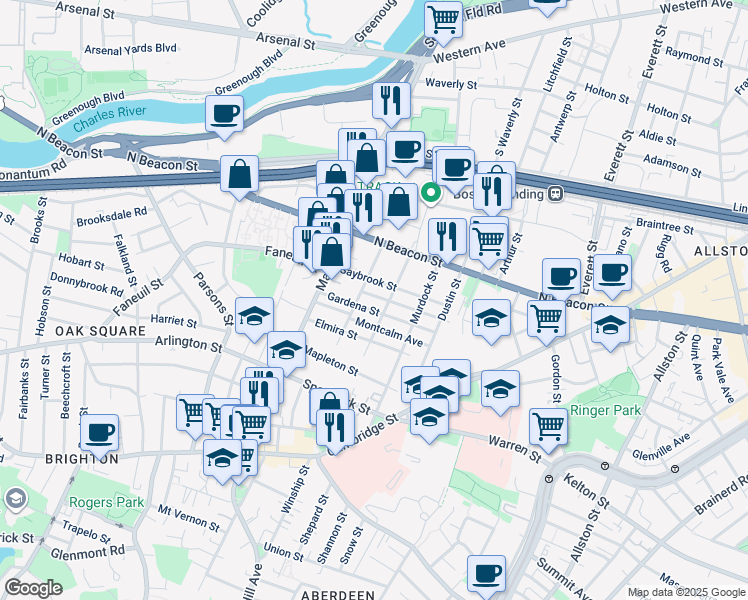 map of restaurants, bars, coffee shops, grocery stores, and more near in Boston