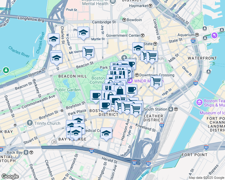 map of restaurants, bars, coffee shops, grocery stores, and more near 165 Tremont Street in Boston