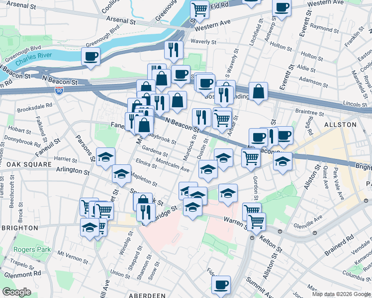 map of restaurants, bars, coffee shops, grocery stores, and more near 55 Saybrook Street in Boston