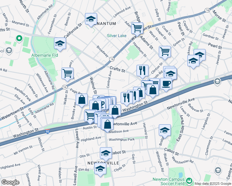 map of restaurants, bars, coffee shops, grocery stores, and more near 21 Turner Terrace in Newton