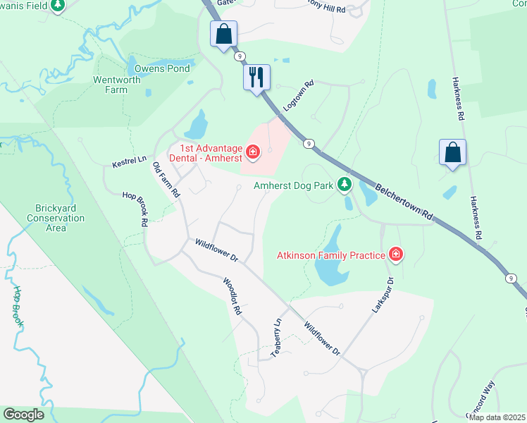 map of restaurants, bars, coffee shops, grocery stores, and more near 35 Tanglewood Road in Amherst