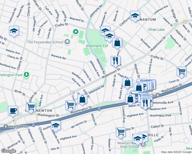 map of restaurants, bars, coffee shops, grocery stores, and more near 72 Kensington Street in Newton