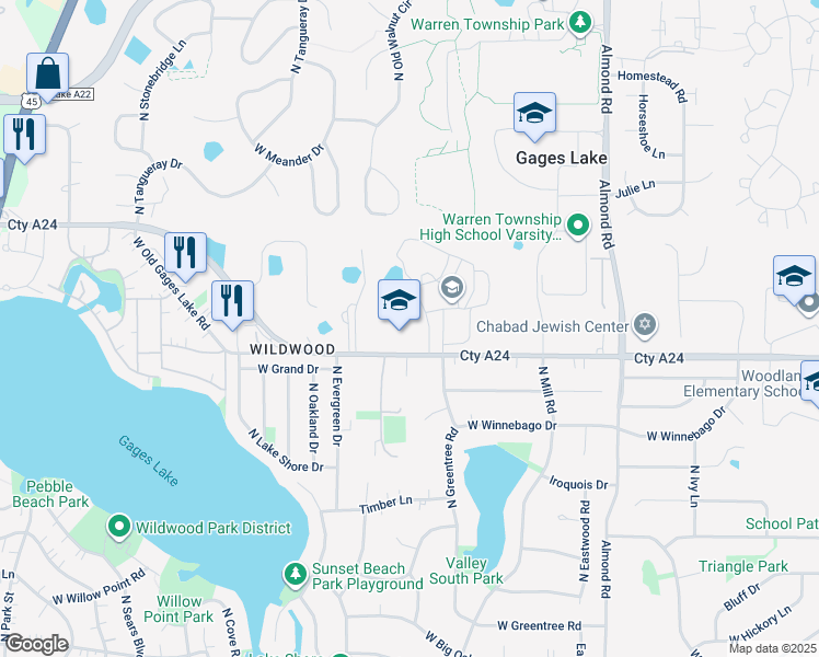 map of restaurants, bars, coffee shops, grocery stores, and more near 18160 West Gages Lake Road in Grayslake