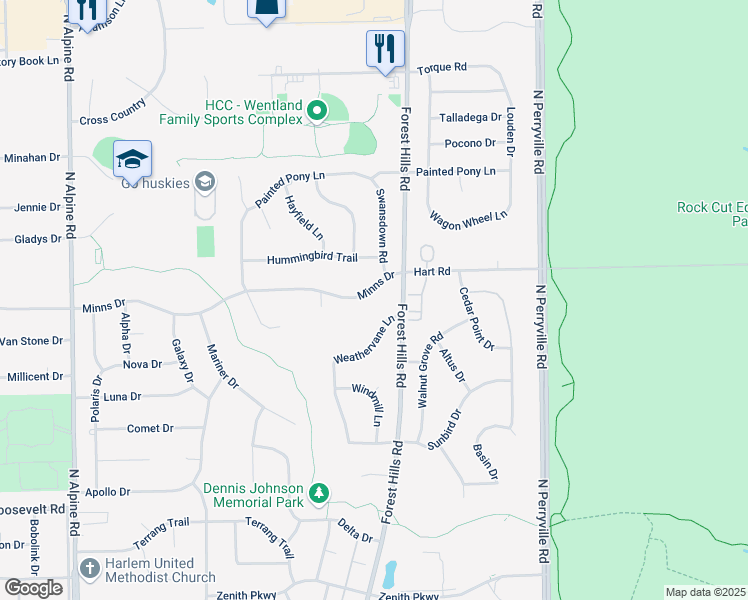 map of restaurants, bars, coffee shops, grocery stores, and more near 5153 Minns Drive in Machesney Park