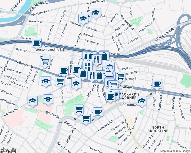 map of restaurants, bars, coffee shops, grocery stores, and more near B2 Cambridge Street in Boston