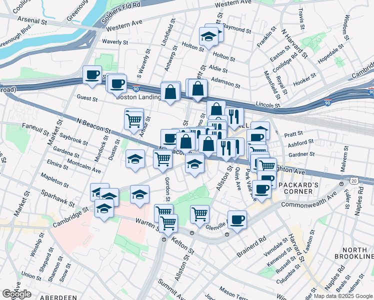 map of restaurants, bars, coffee shops, grocery stores, and more near 23 North Beacon Street in Boston