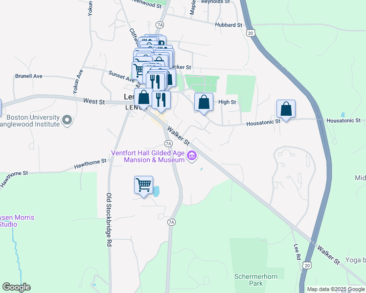 map of restaurants, bars, coffee shops, grocery stores, and more near 102 Walker Street in Lenox