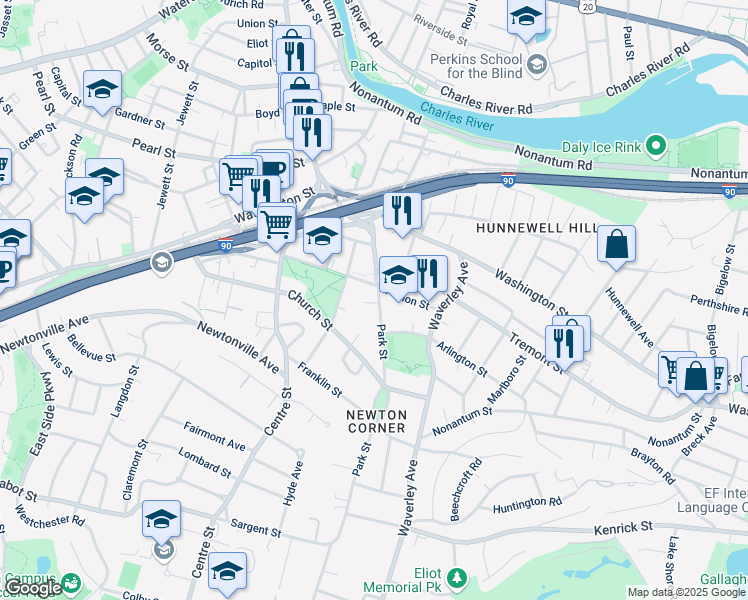 map of restaurants, bars, coffee shops, grocery stores, and more near 85 Park Street in Newton