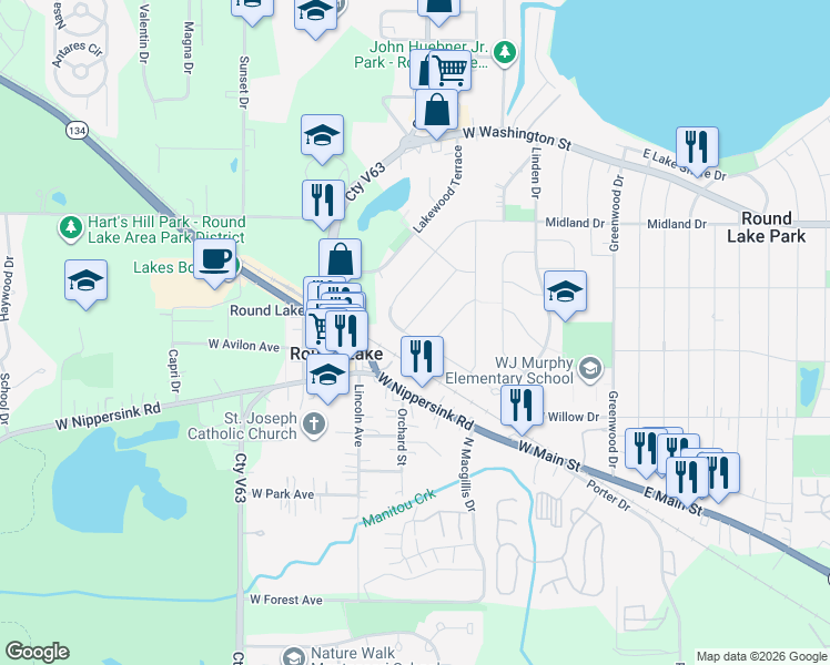 map of restaurants, bars, coffee shops, grocery stores, and more near 317 West Pineview Drive in Round Lake