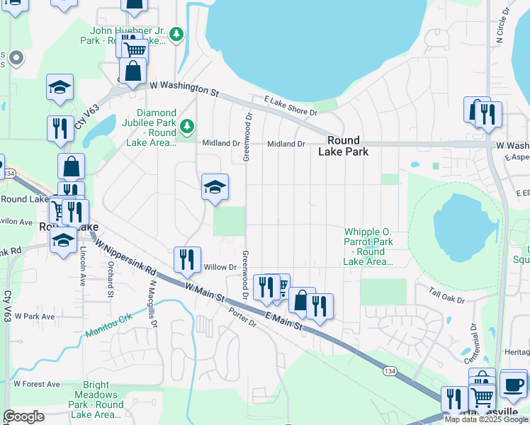 map of restaurants, bars, coffee shops, grocery stores, and more near 309 North Brierhill Drive in Round Lake Park