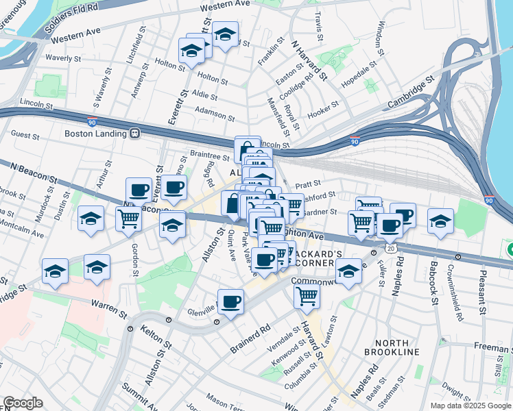 map of restaurants, bars, coffee shops, grocery stores, and more near in Boston