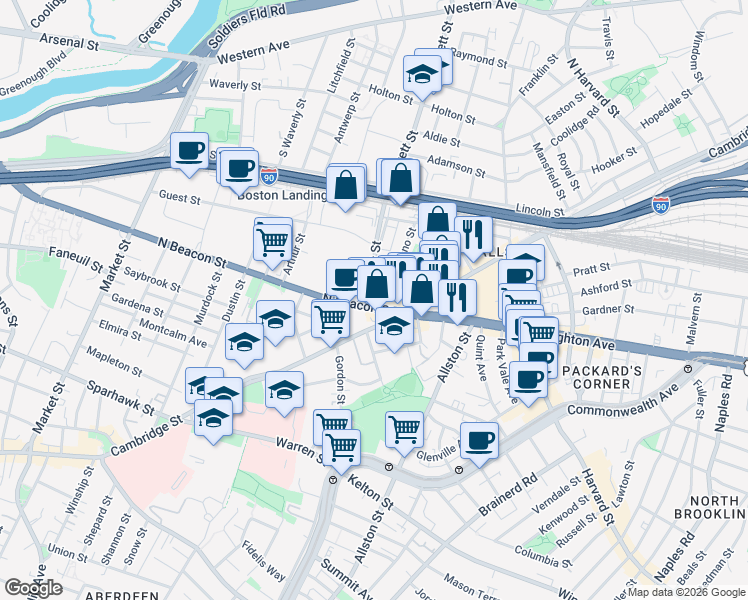 map of restaurants, bars, coffee shops, grocery stores, and more near in Boston