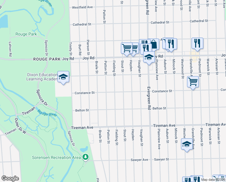 map of restaurants, bars, coffee shops, grocery stores, and more near 8401 Fielding Street in Detroit