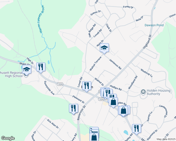map of restaurants, bars, coffee shops, grocery stores, and more near 80 Walnut Street in Holden