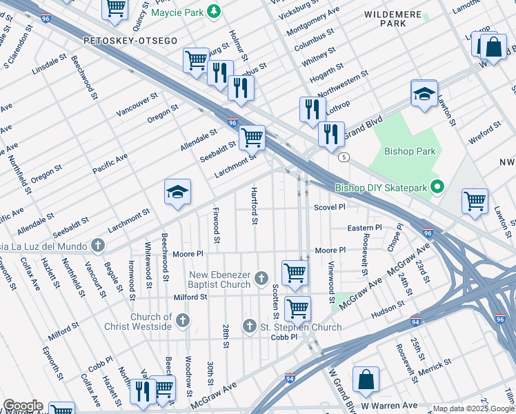 map of restaurants, bars, coffee shops, grocery stores, and more near 4242 Scovel Place in Detroit