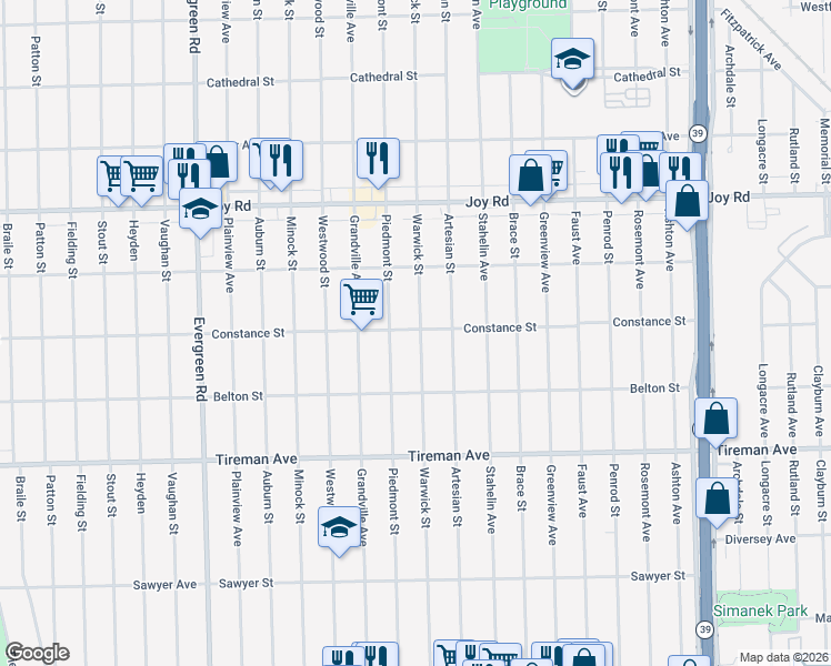 map of restaurants, bars, coffee shops, grocery stores, and more near 8317 Warwick Street in Detroit