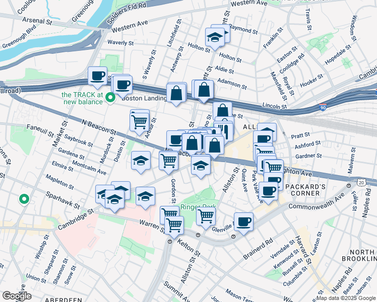 map of restaurants, bars, coffee shops, grocery stores, and more near 1 Everett Street in Boston
