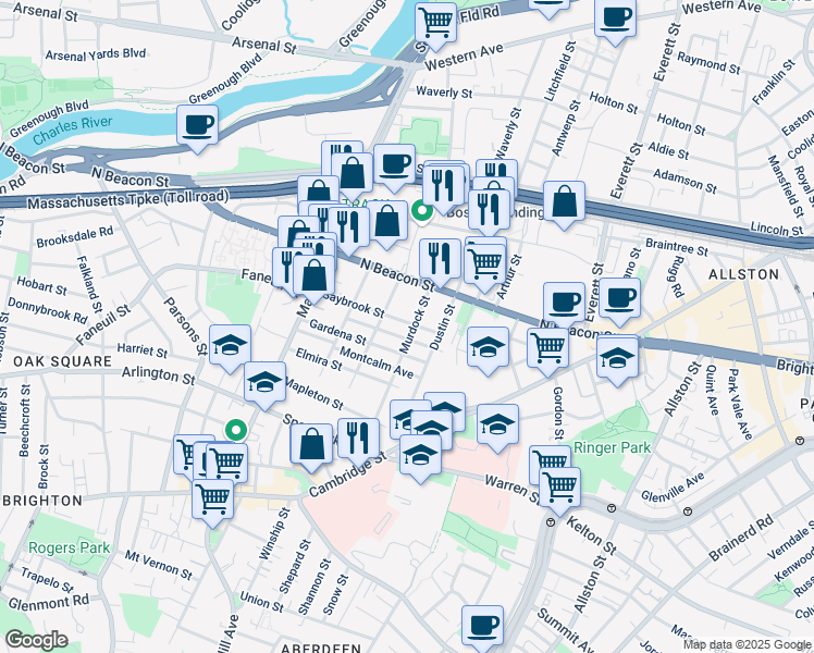 map of restaurants, bars, coffee shops, grocery stores, and more near 55 Saybrook Street in Boston