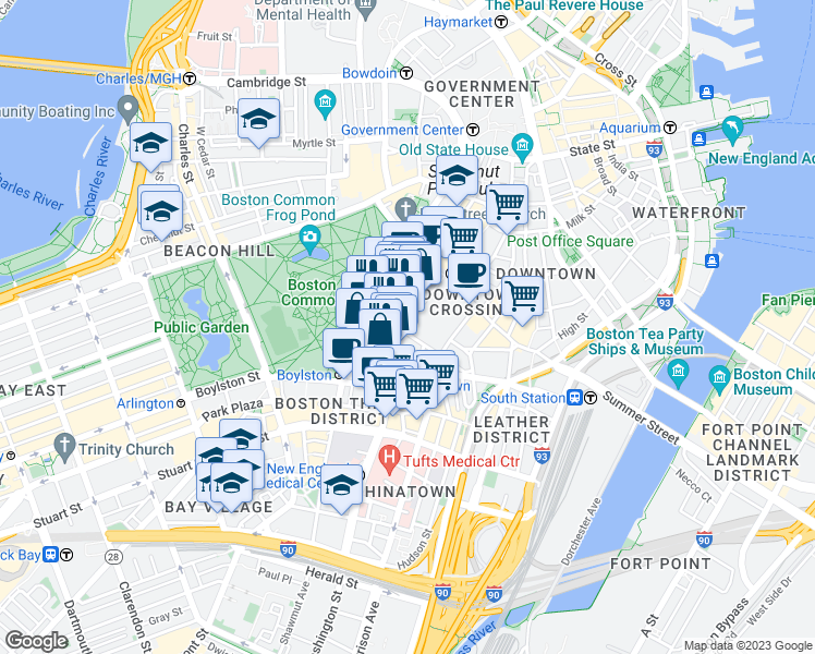 map of restaurants, bars, coffee shops, grocery stores, and more near 548 Washington Street in Boston