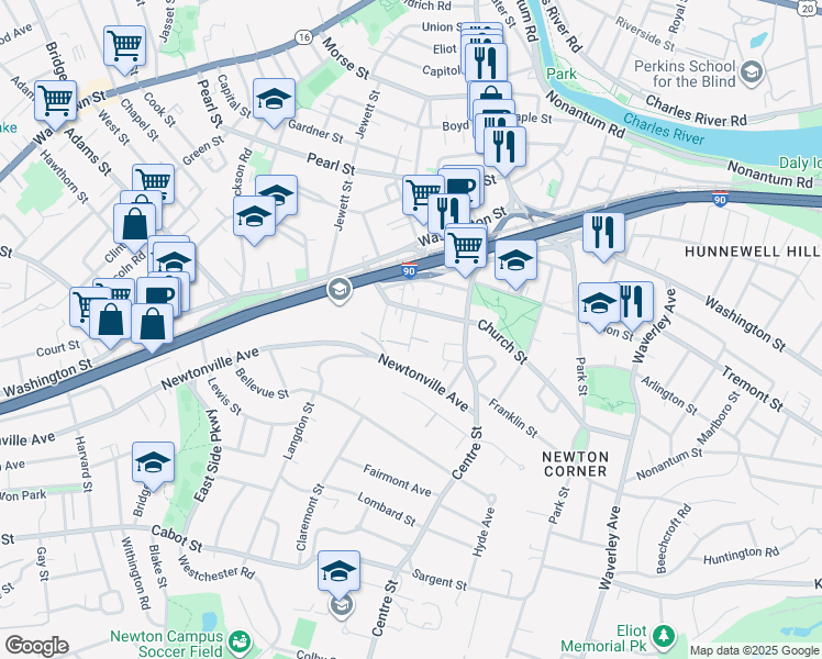 map of restaurants, bars, coffee shops, grocery stores, and more near Maple Avenue in Newton