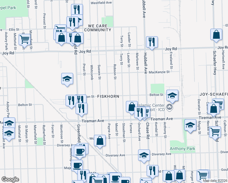 map of restaurants, bars, coffee shops, grocery stores, and more near 8227 Robson Street in Detroit