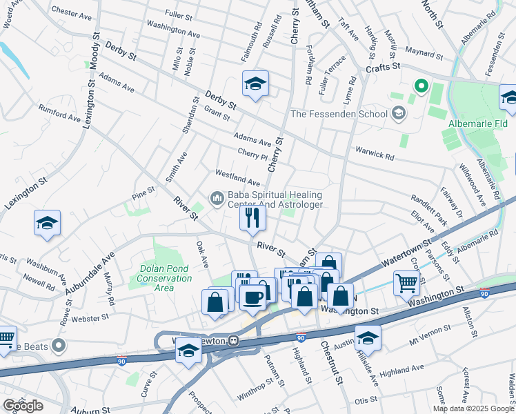map of restaurants, bars, coffee shops, grocery stores, and more near 305 Cherry Street in Newton