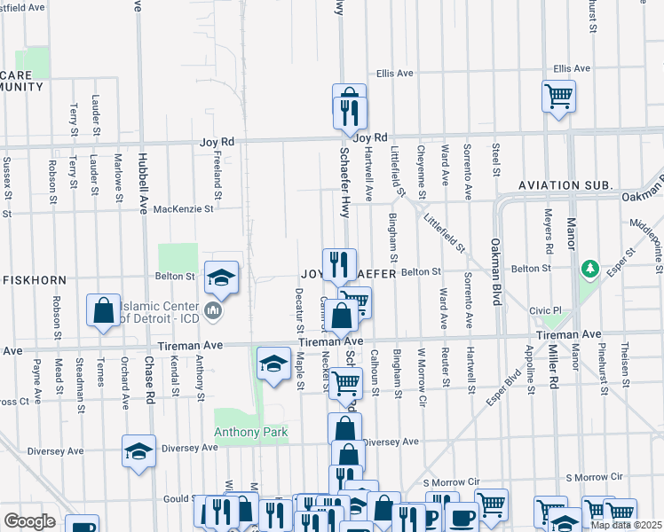 map of restaurants, bars, coffee shops, grocery stores, and more near 8214 Carlin Street in Detroit