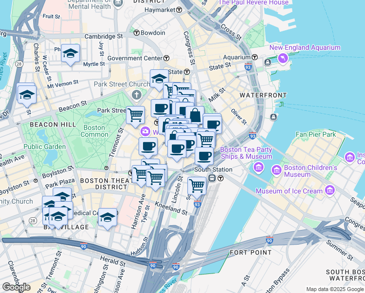 map of restaurants, bars, coffee shops, grocery stores, and more near in Boston