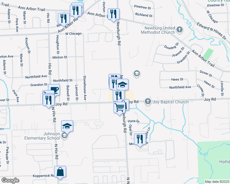 map of restaurants, bars, coffee shops, grocery stores, and more near 37521 Northfield Avenue in Livonia