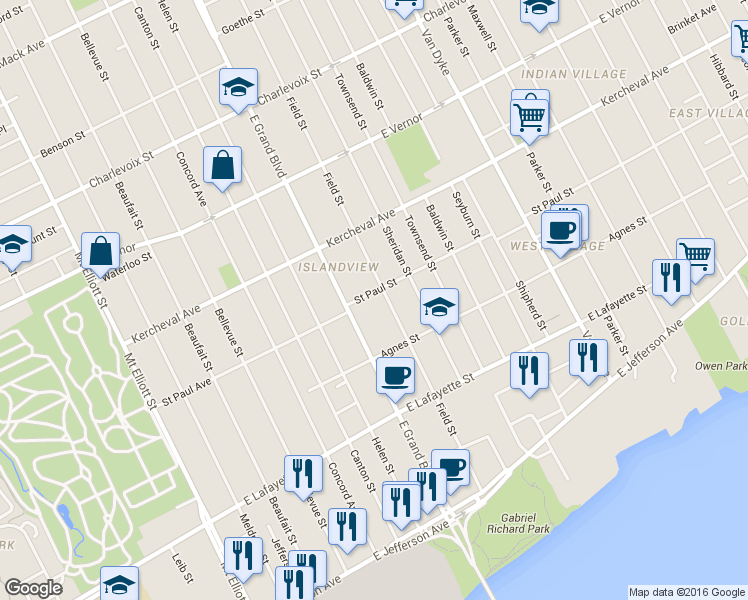 map of restaurants, bars, coffee shops, grocery stores, and more near 7256 Saint Paul Street in Detroit