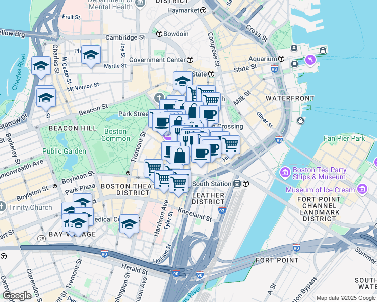 map of restaurants, bars, coffee shops, grocery stores, and more near in Boston