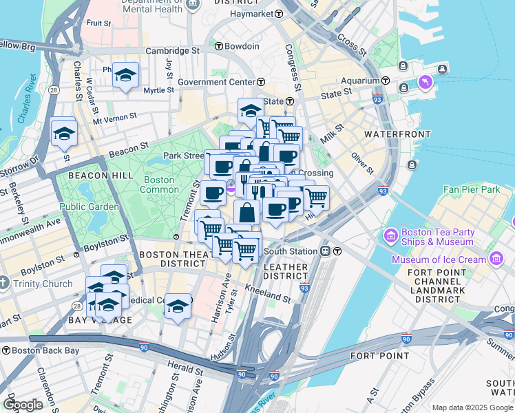 map of restaurants, bars, coffee shops, grocery stores, and more near in Boston