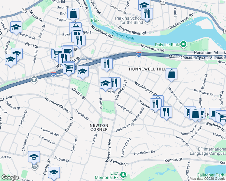 map of restaurants, bars, coffee shops, grocery stores, and more near 45 Waverley Avenue in Newton