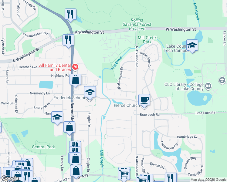 map of restaurants, bars, coffee shops, grocery stores, and more near 769 Dillon Court in Grayslake