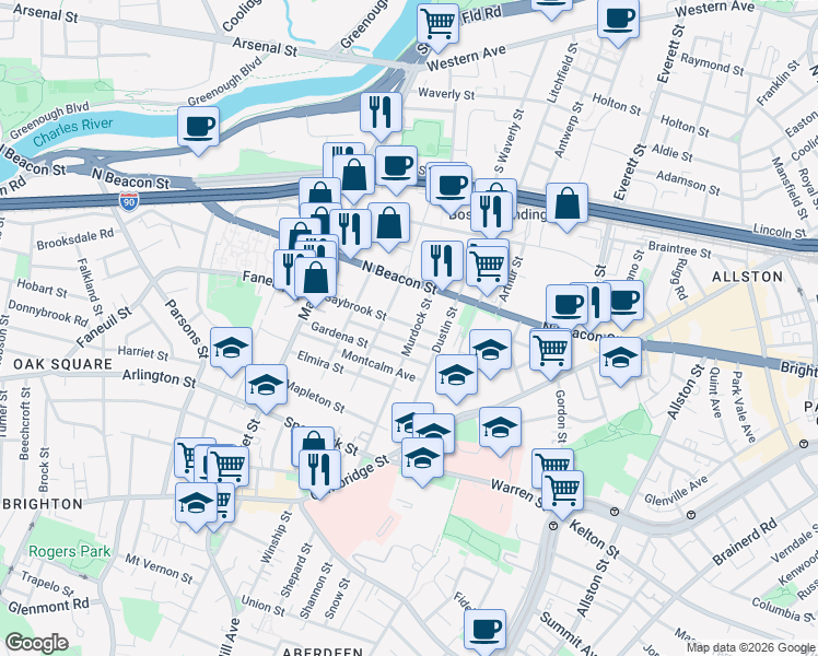map of restaurants, bars, coffee shops, grocery stores, and more near 55 Saybrook Street in Boston
