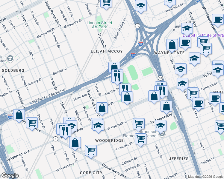 map of restaurants, bars, coffee shops, grocery stores, and more near 5201 Commonwealth Street in Detroit