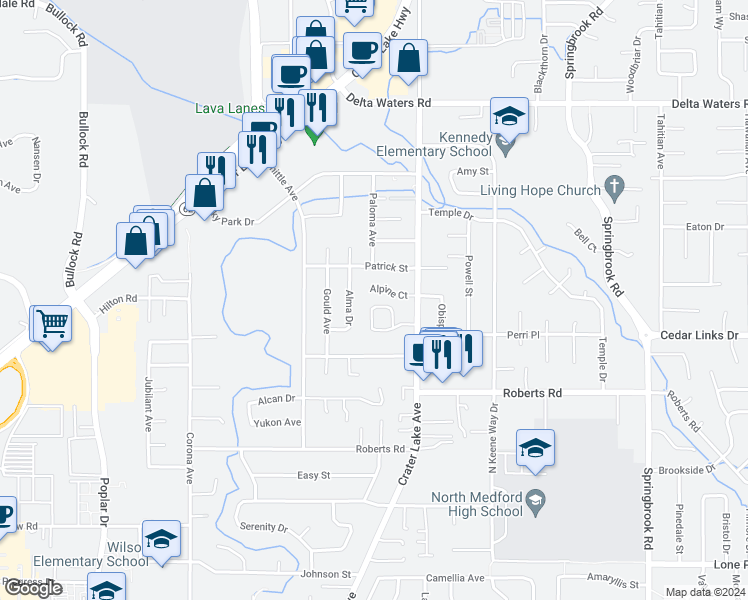 map of restaurants, bars, coffee shops, grocery stores, and more near 1940 Hutchins Circle in Medford