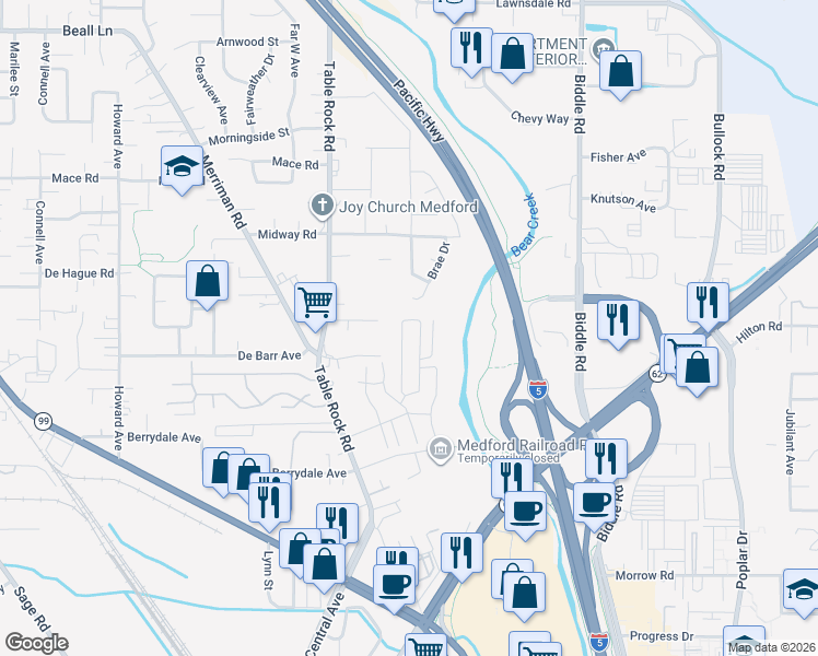 map of restaurants, bars, coffee shops, grocery stores, and more near 2718 Brae Drive in Medford