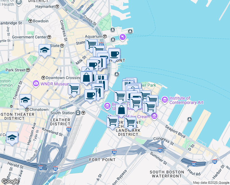 map of restaurants, bars, coffee shops, grocery stores, and more near 470 Atlantic Avenue in Boston