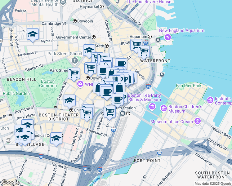 map of restaurants, bars, coffee shops, grocery stores, and more near 175 Federal Street in Boston