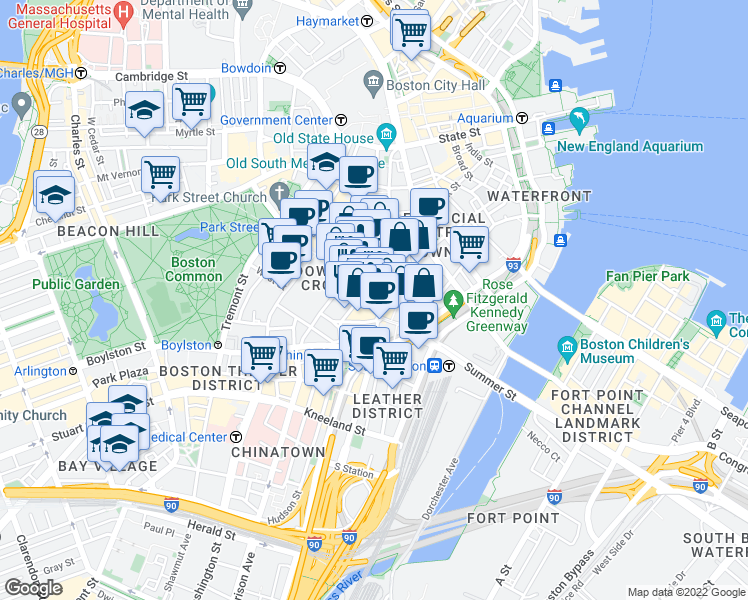 map of restaurants, bars, coffee shops, grocery stores, and more near in Boston
