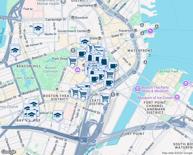 map of restaurants, bars, coffee shops, grocery stores, and more near in Boston