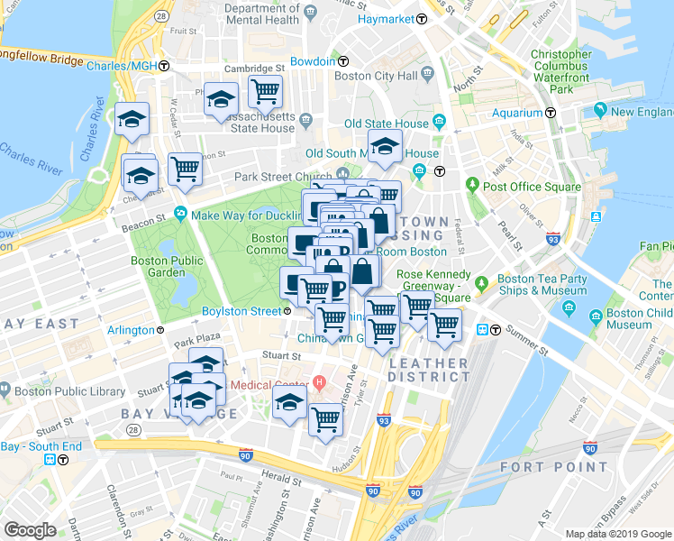 map of restaurants, bars, coffee shops, grocery stores, and more near 539 Washington Street in Boston